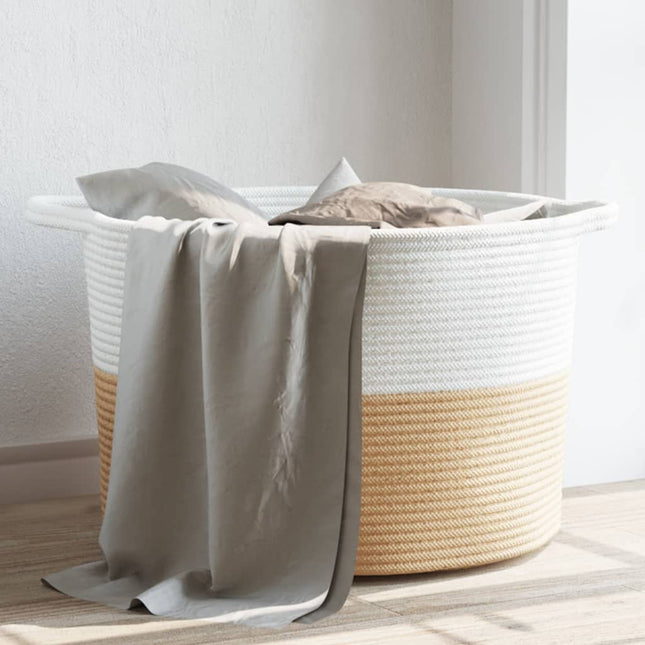 vasketøjskurv Ø55x36 cm bomuld beige og hvid