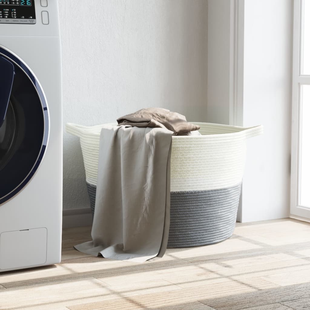 vasketøjskurv Ø60x36 cm bomuld grå og hvid