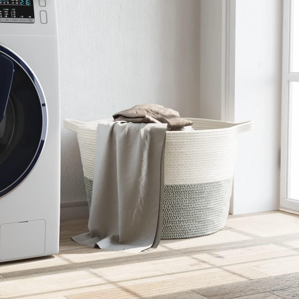 vasketøjskurv Ø60x36 cm bomuld grå og hvid