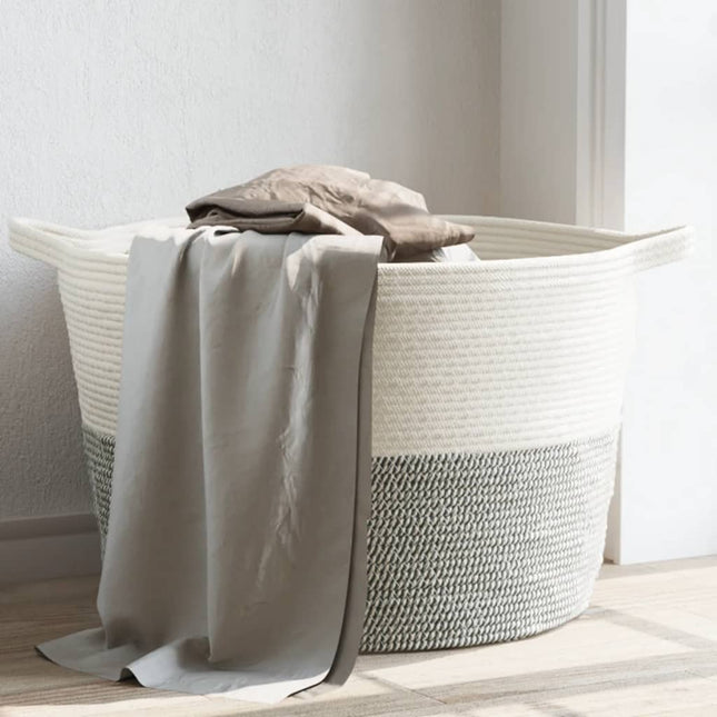 vasketøjskurv Ø60x36 cm bomuld grå og hvid