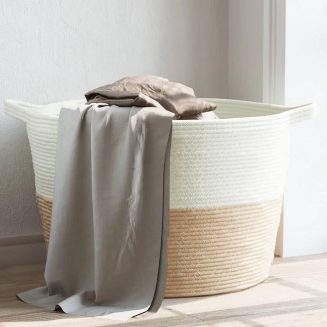 vasketøjskurv Ø60x36 cm bomuld beige og hvid