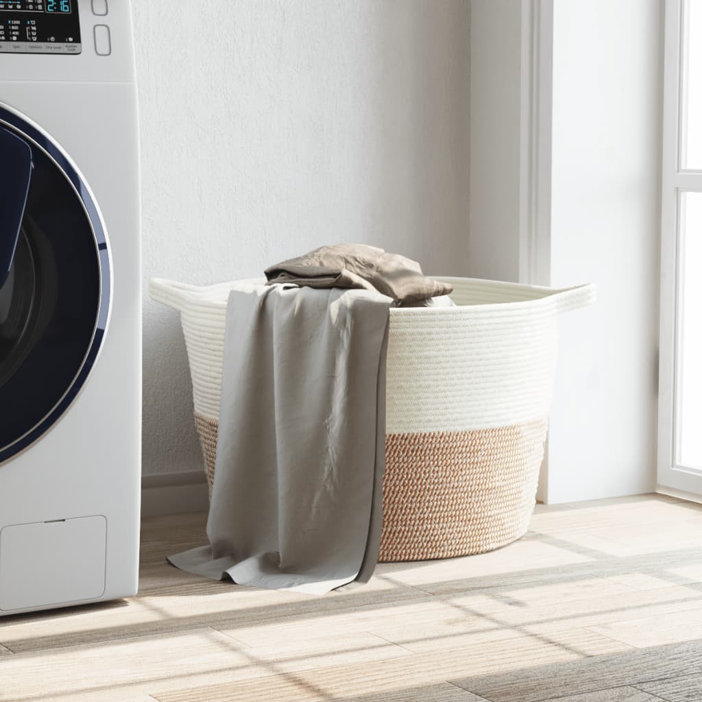 vasketøjskurv Ø60x36 cm bomuld brun og hvid