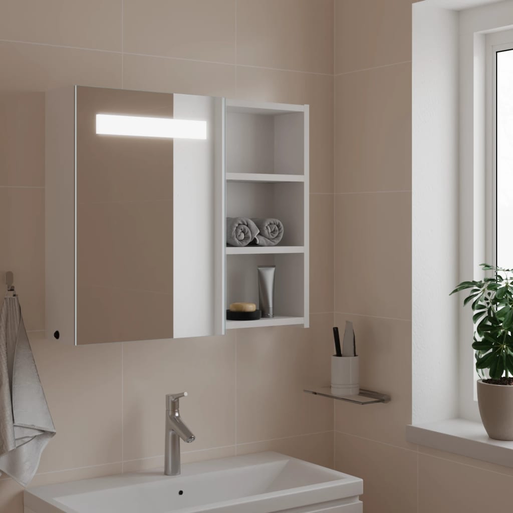 badeværelsesskab med spejl og LED-lys 60x13x52 hvid billede
