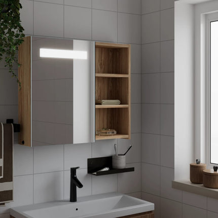 badeværelsesskab med spejl og LED-lys 60x13x52 egetræsfarve