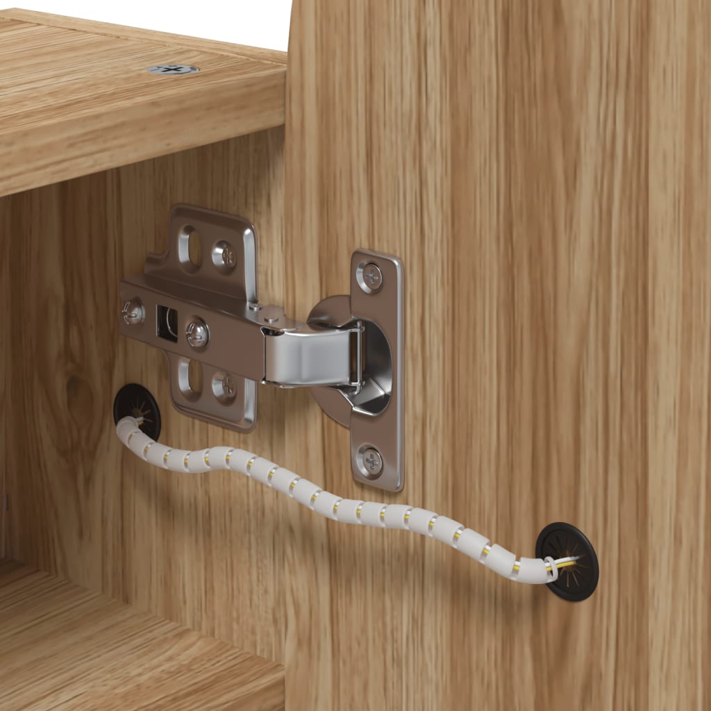 badeværelsesskab m. spejl og LED-lys 42x13x70 buet egetræsfarve