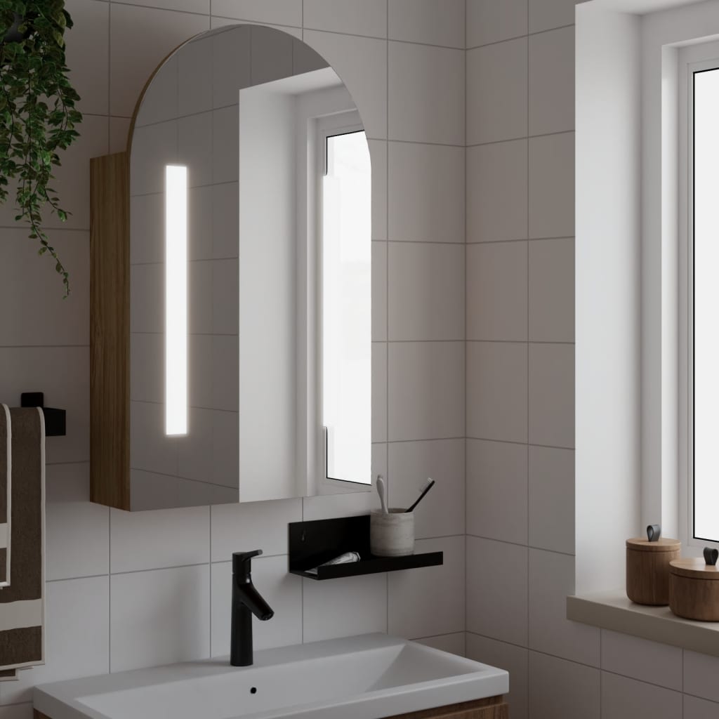 badevrelsesskab m. spejl og LED-lys 42x13x70 buet egetrsfarve