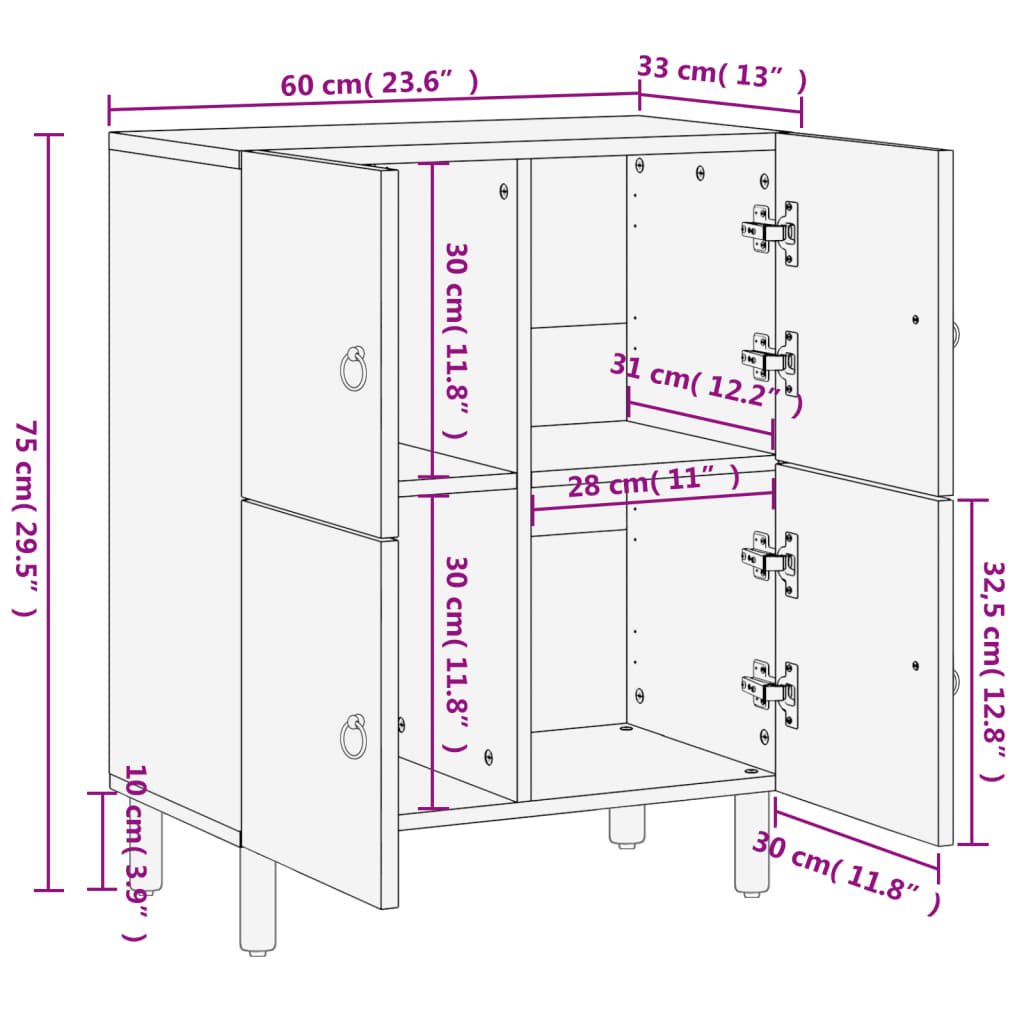 skab 60x33x75 cm massivt mangotræ