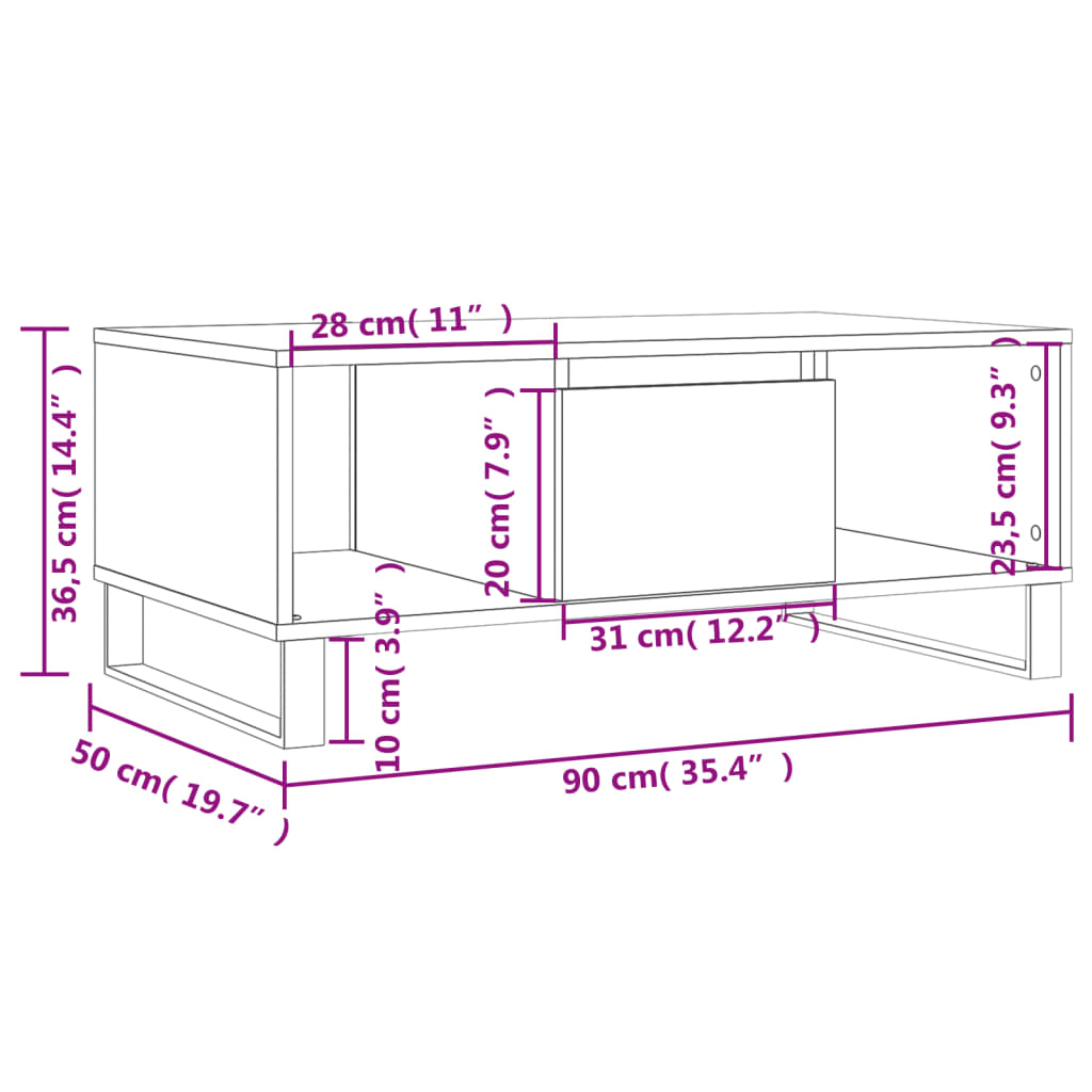 sofabord 90x50x36,5 cm konstrueret træ sonoma-eg