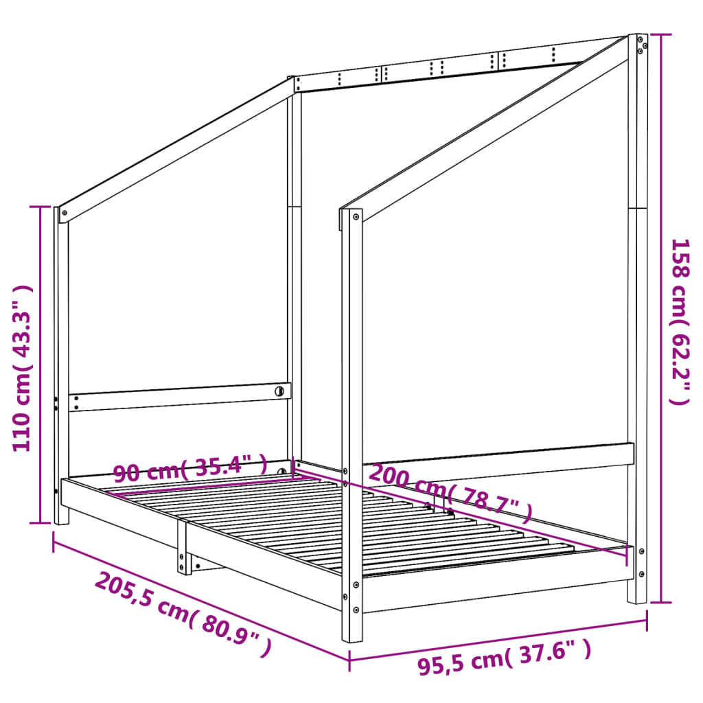 sengeramme til juniorseng 90x200 cm massivt fyrretræ