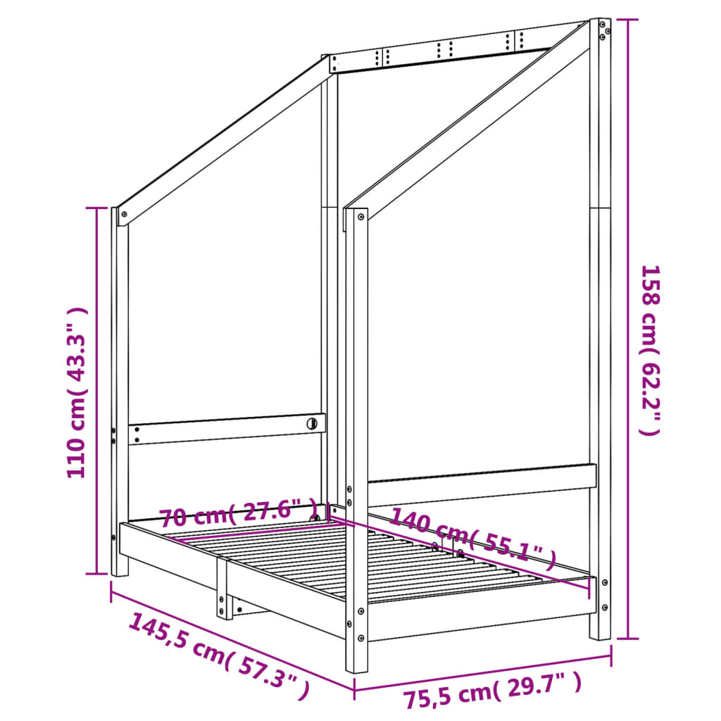 sengeramme til juniorseng 70x140 cm massivt fyrretræ hvid