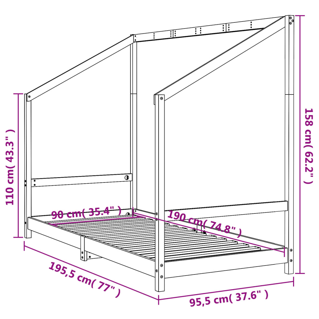 sengeramme til juniorseng 90x190 cm massivt fyrretræ sort
