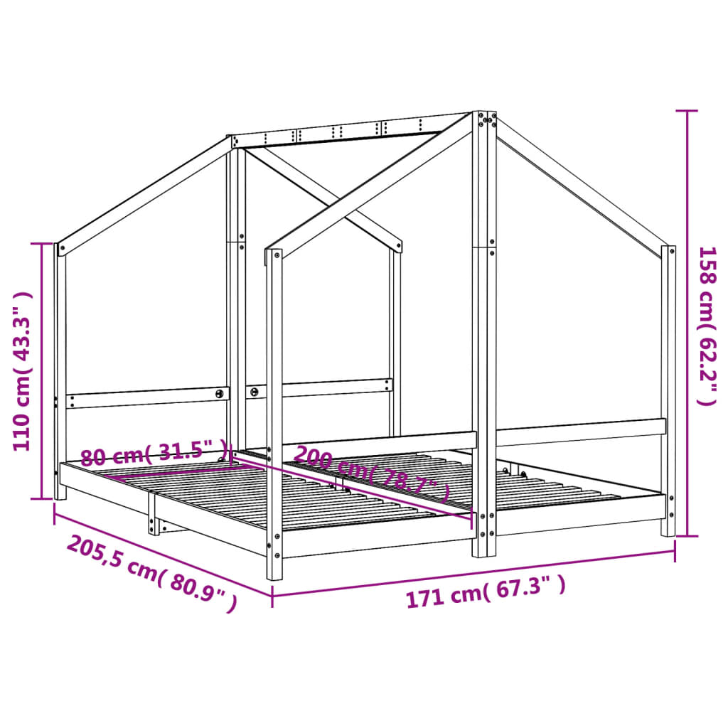 sengeramme til juniorseng 2x(80x200) cm massivt fyrretræ