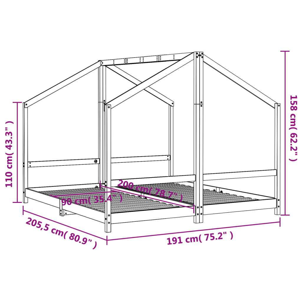 sengeramme til juniorseng 2x(90x200) cm massivt fyrretræ
