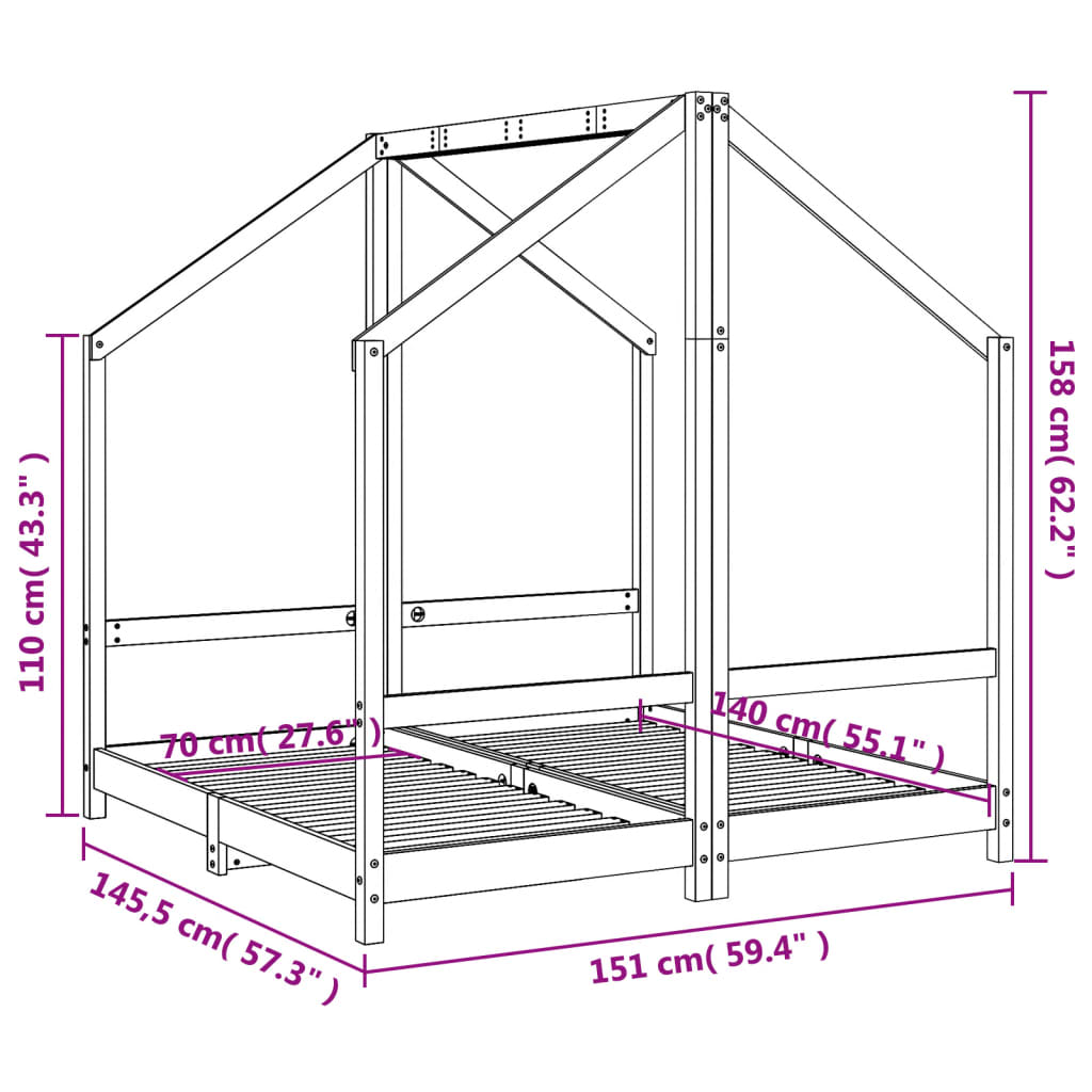 sengeramme til juniorseng 2x(70x140) cm massivt fyrretræ hvid