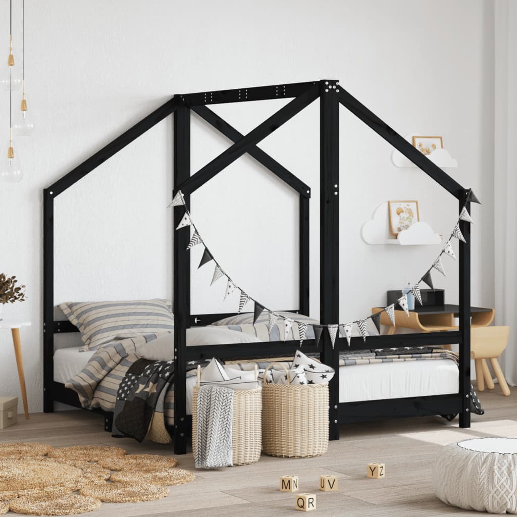 sengeramme til juniorseng 2x(70x140) cm massivt fyrretræ sort