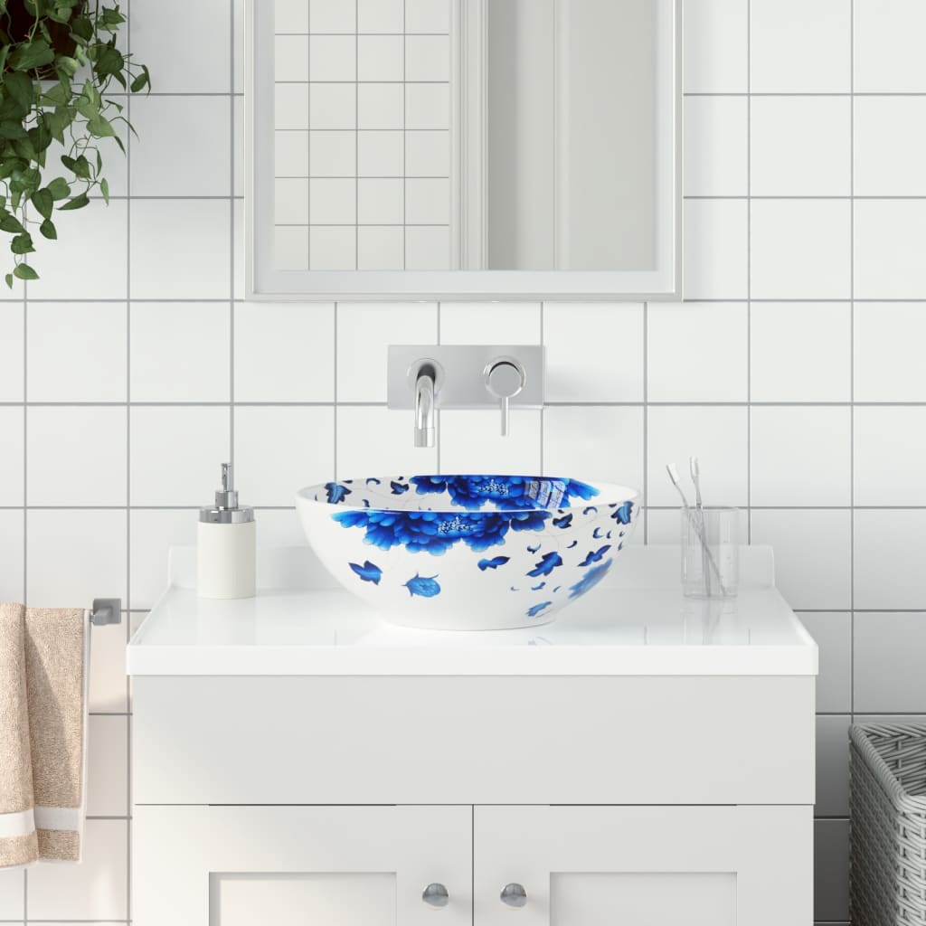 Håndvask Til Bordplade 41x14 Cm Rund Keramik Hvid Og Blå - Vidaxl