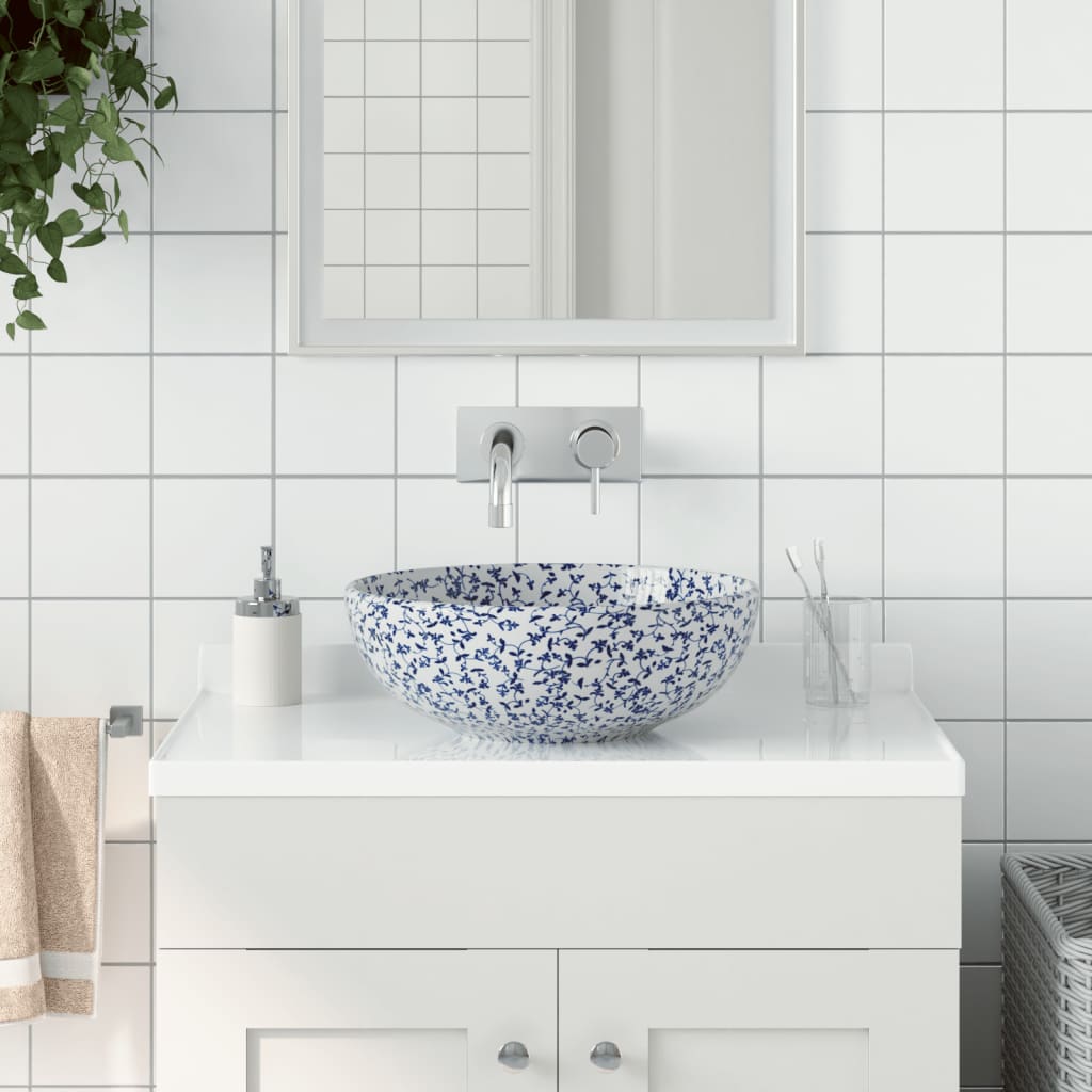 Håndvask Til Bordplade 41x14 Cm Rund Keramik Hvid Og Blå - Vidaxl