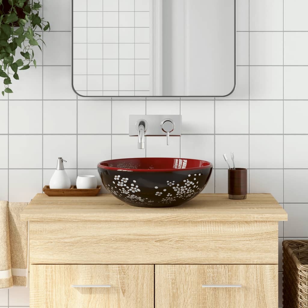 Håndvask Til Bordplade 41x14 Cm Rund Keramik Sort Og Rød - Vidaxl