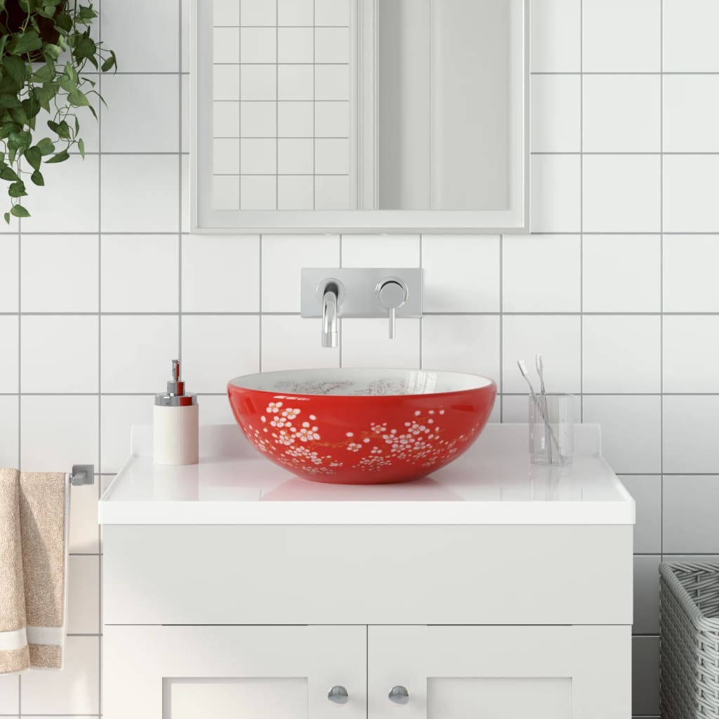 Håndvask Til Bordplade 41x14 Cm Rund Keramik Hvid Og Rød - Vidaxl