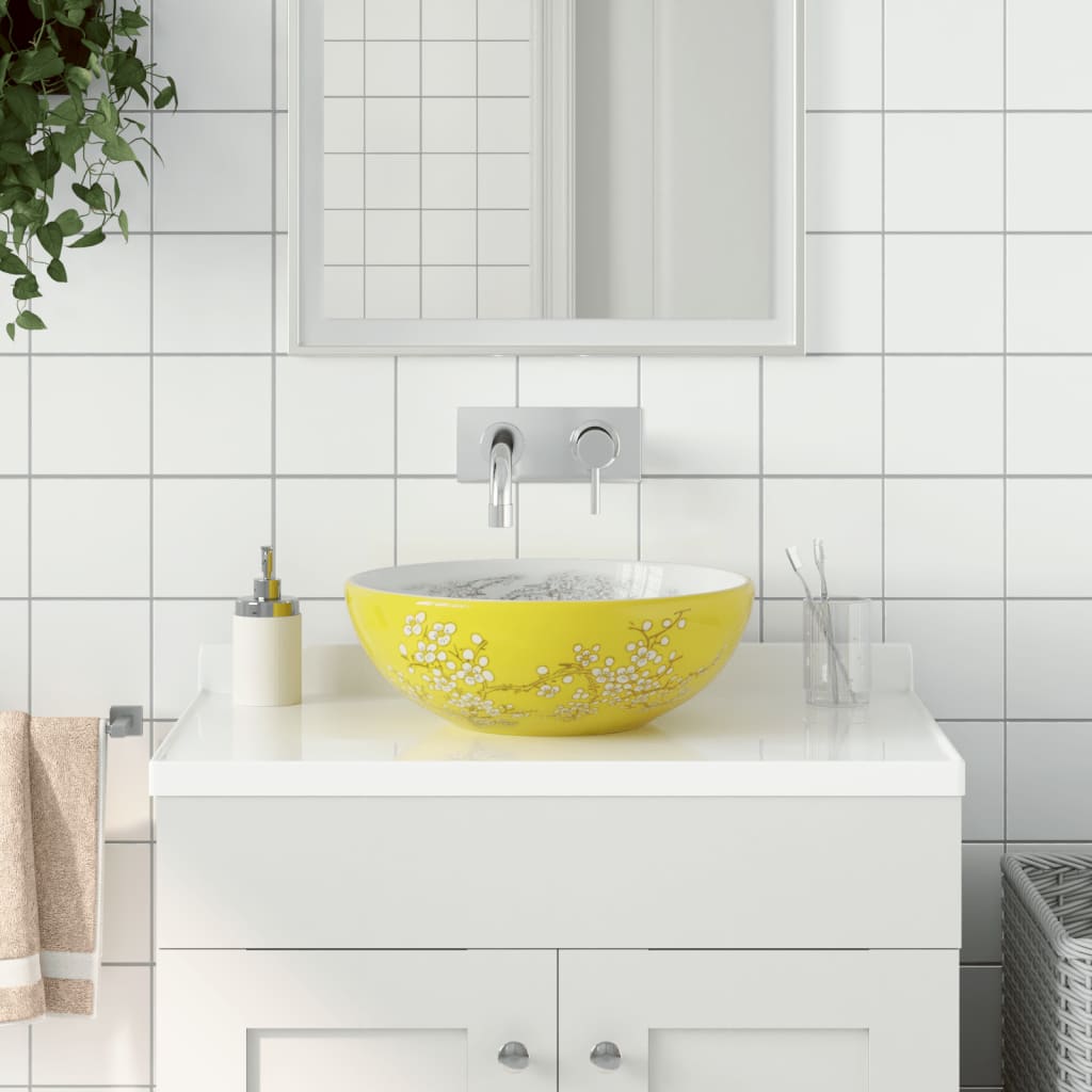 Håndvask Til Bordplade 41x14 Cm Rund Keramik Hvid Og Gul - Vidaxl