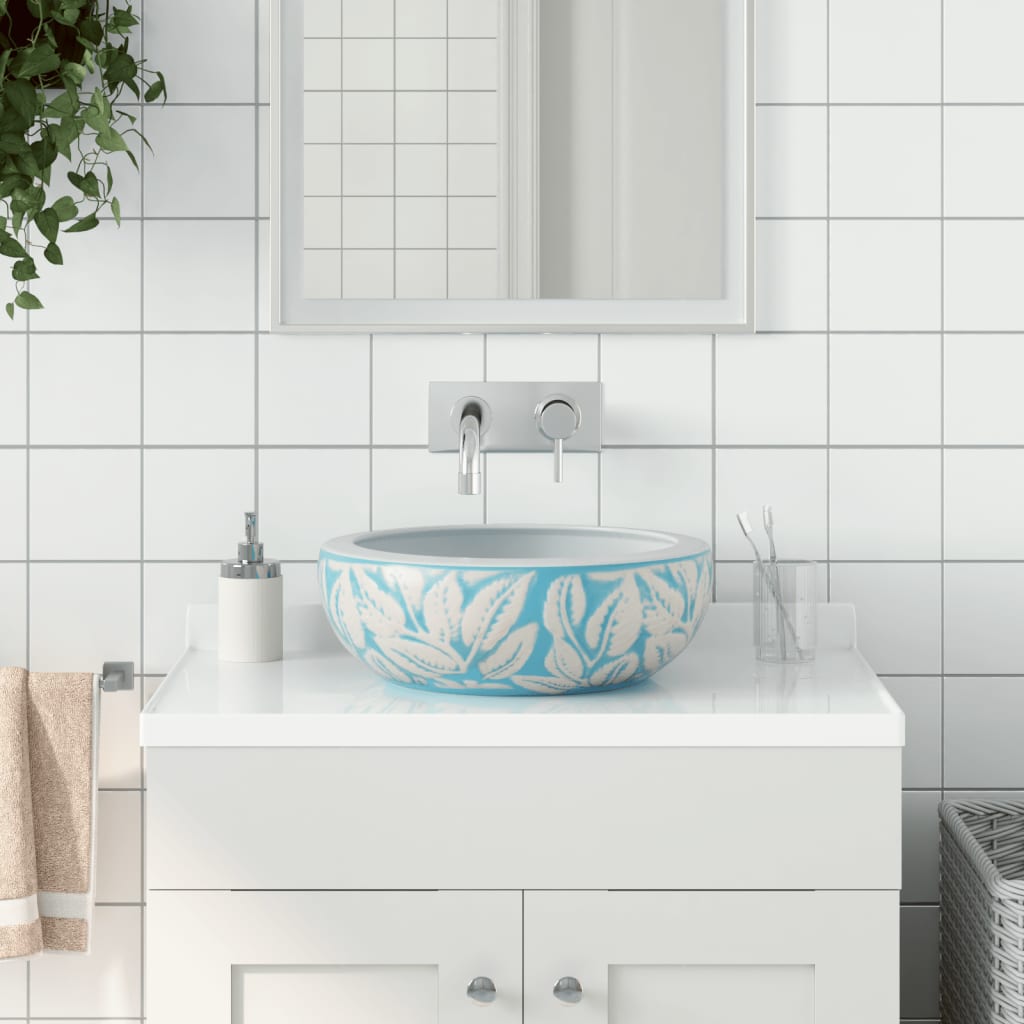 Håndvask Til Bordplade 41x14 Cm Rund Keramik Hvid Og Blå - Vidaxl