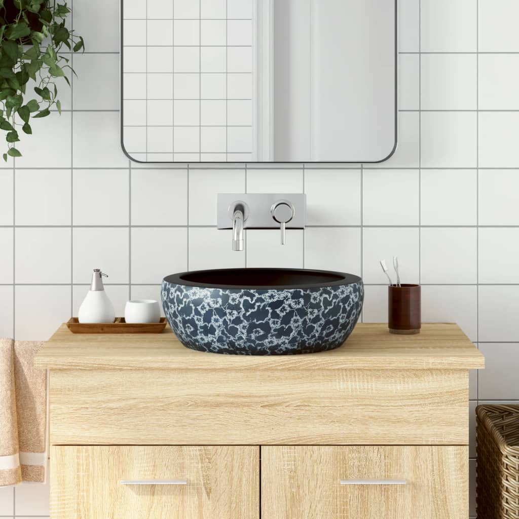 Håndvask Til Bordplade 41x14 Cm Rund Keramik Sort Og Blå - Vidaxl