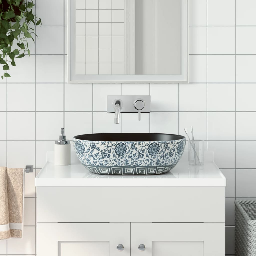 Håndvask Til Bordplade 47x33x13 Cm Oval Keramik Sort Og Blå - Vidaxl