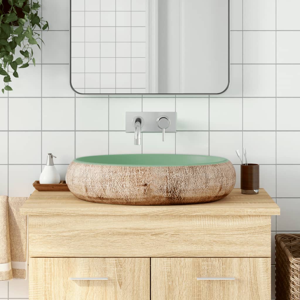 Håndvask Til Bordplade 59x40x15 Cm Oval Keramik Grøn Og Brun - Vidaxl
