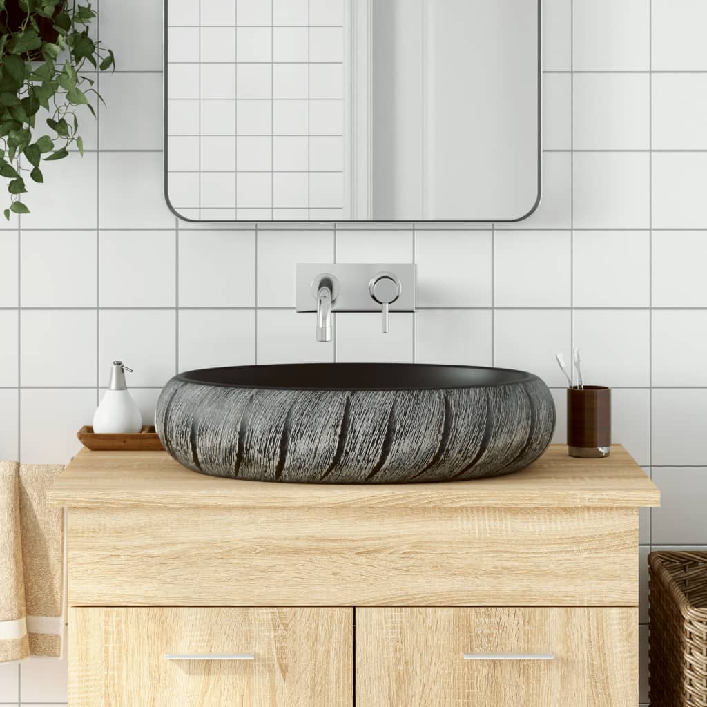Håndvask Til Bordplade 59x40x15 Cm Oval Keramik Sort Og Grå - Vidaxl