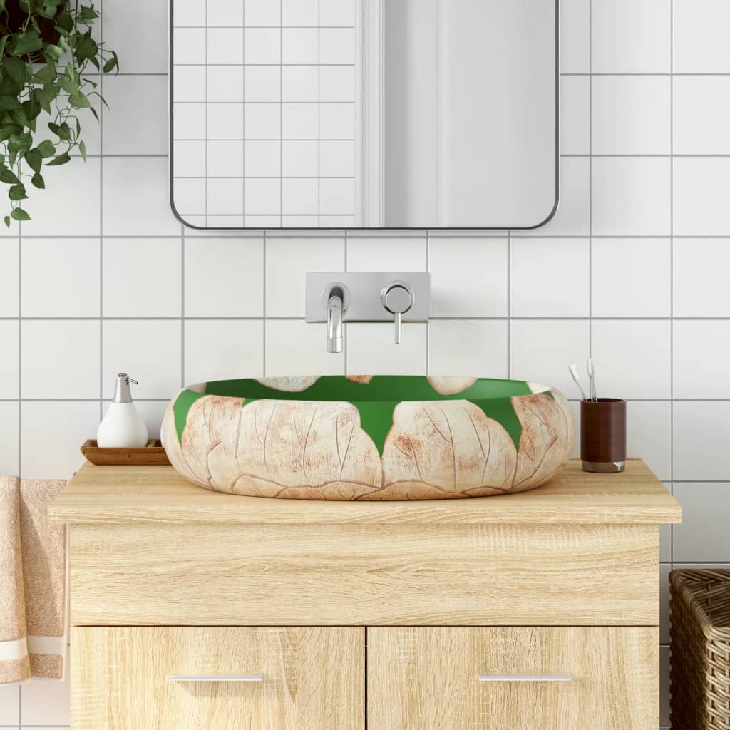 Håndvask Til Bordplade 59x40x15 Cm Oval Keramik Grøn Og Brun - Vidaxl