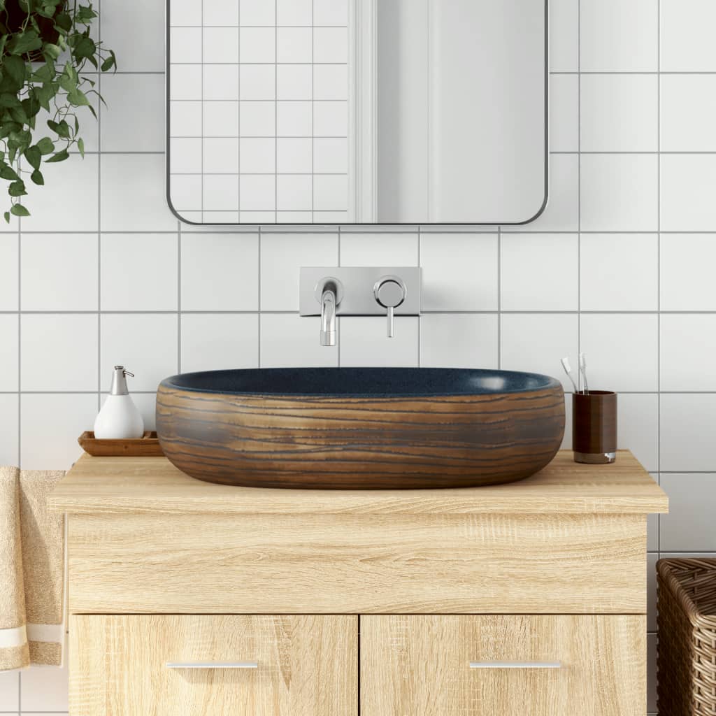 Håndvask Til Bordplade 59x40x14 Cm Oval Keramik Brun Og Blå - Vidaxl