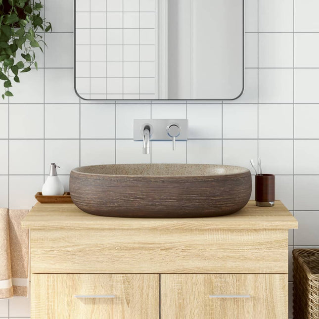 håndvask til bordplade 59x40x14 cm oval keramik sand og brun
