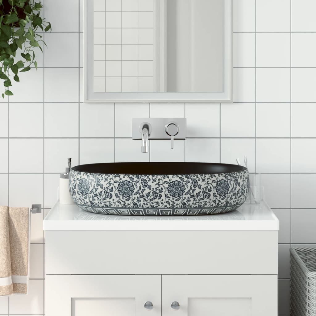 Håndvask Til Bordplade 59x40x14 Cm Oval Keramik Sort Og Blå - Vidaxl