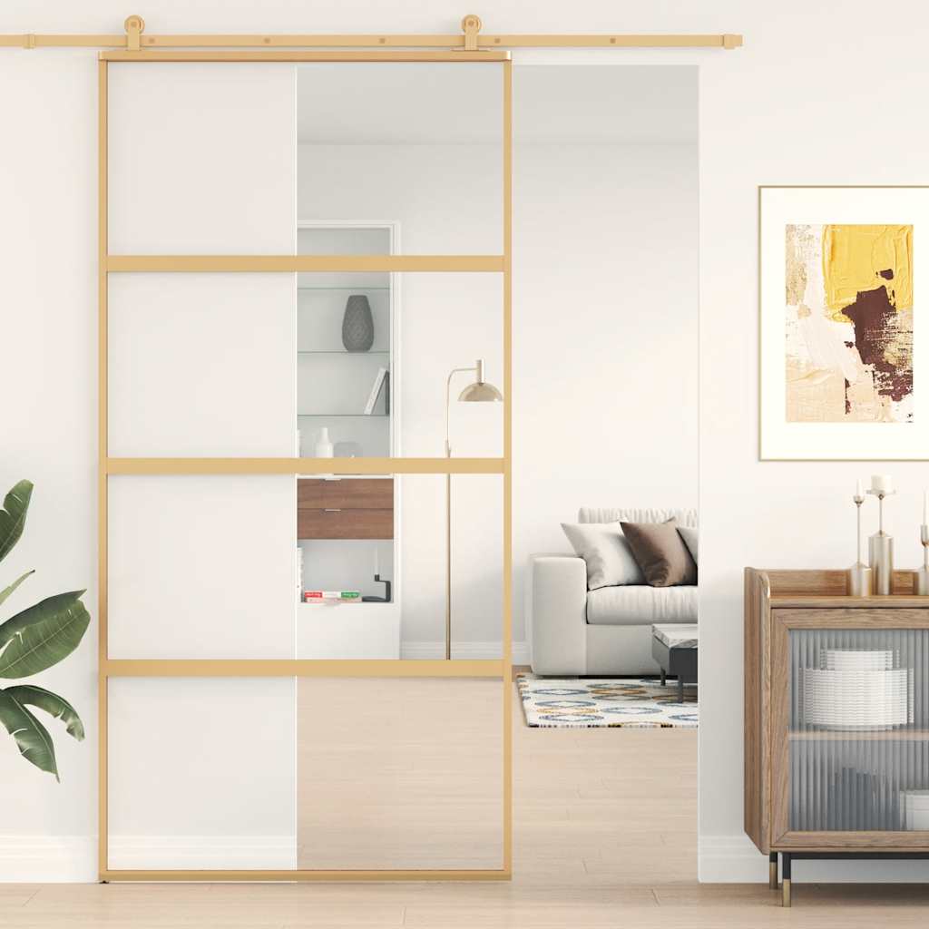 skydedør 102,5x205 cm klart sikkerhedsglas og aluminium gylden