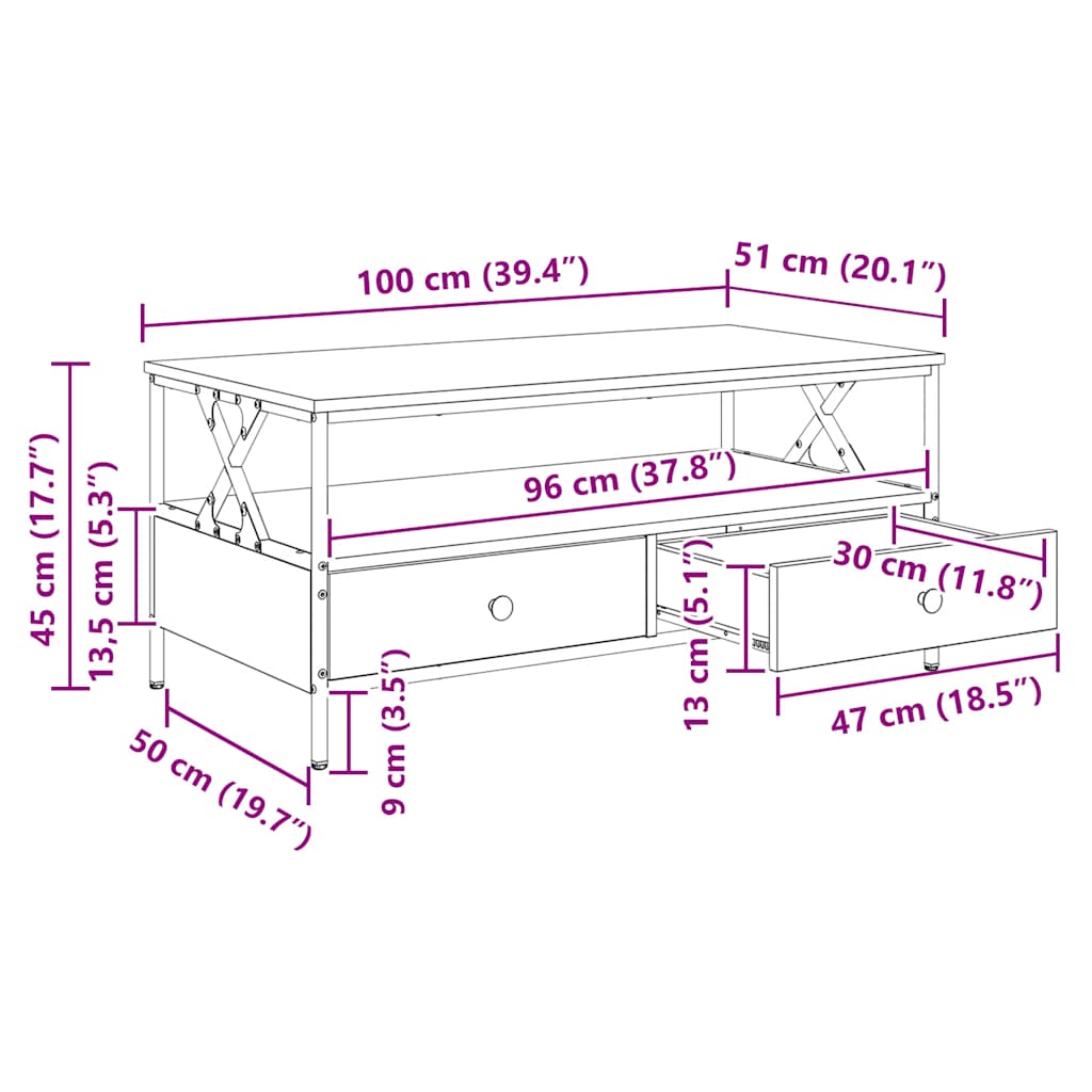 sofabord 100x51x45 cm konstrueret træ sonoma-eg