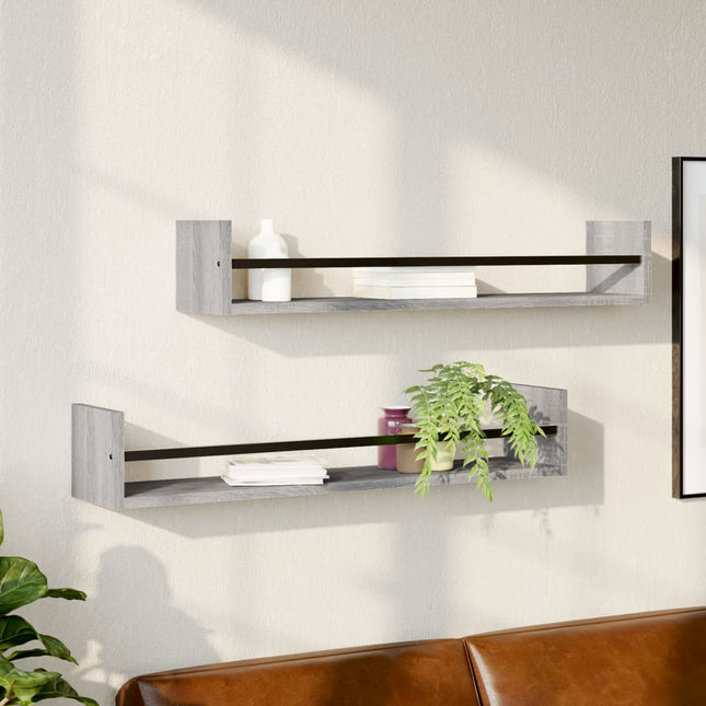 væghylder med stænger 2 stk. 80x16x14 cm grå sonoma-eg