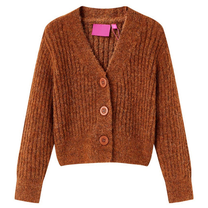 Strikket cardigan til børn str. 116 cognacfarvet