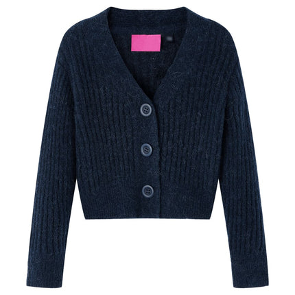 Strikket cardigan til børn str. 116 marineblå