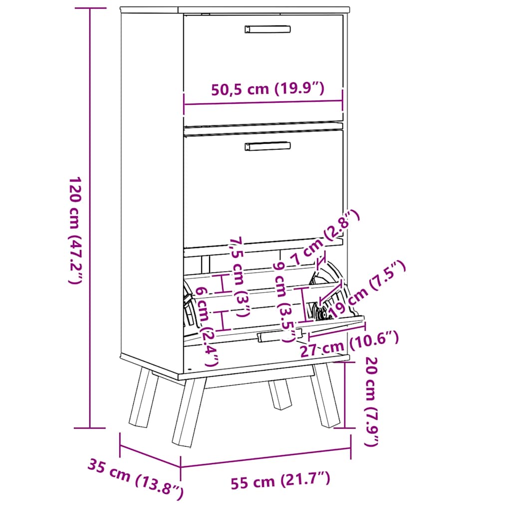 skoskab OLDEN 55x35x120 cm massivt fyrretræ brun