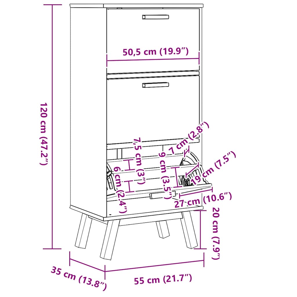 skoskab OLDEN 55x35x120 cm massivt fyrretræ grå og brun