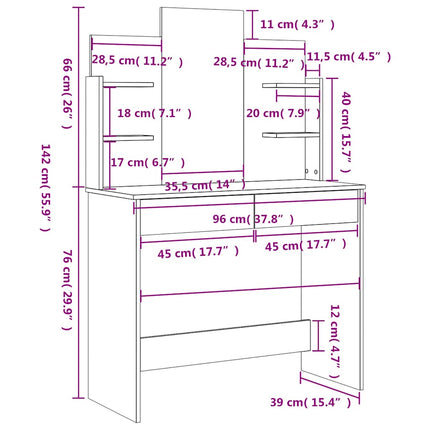 makeupbord med spejl 96x39x142 cm hvid