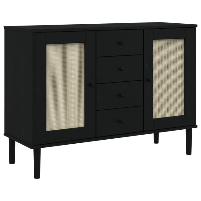 skænk SENJA 112x40x80 cm rattan-look massivt fyrretræ sort