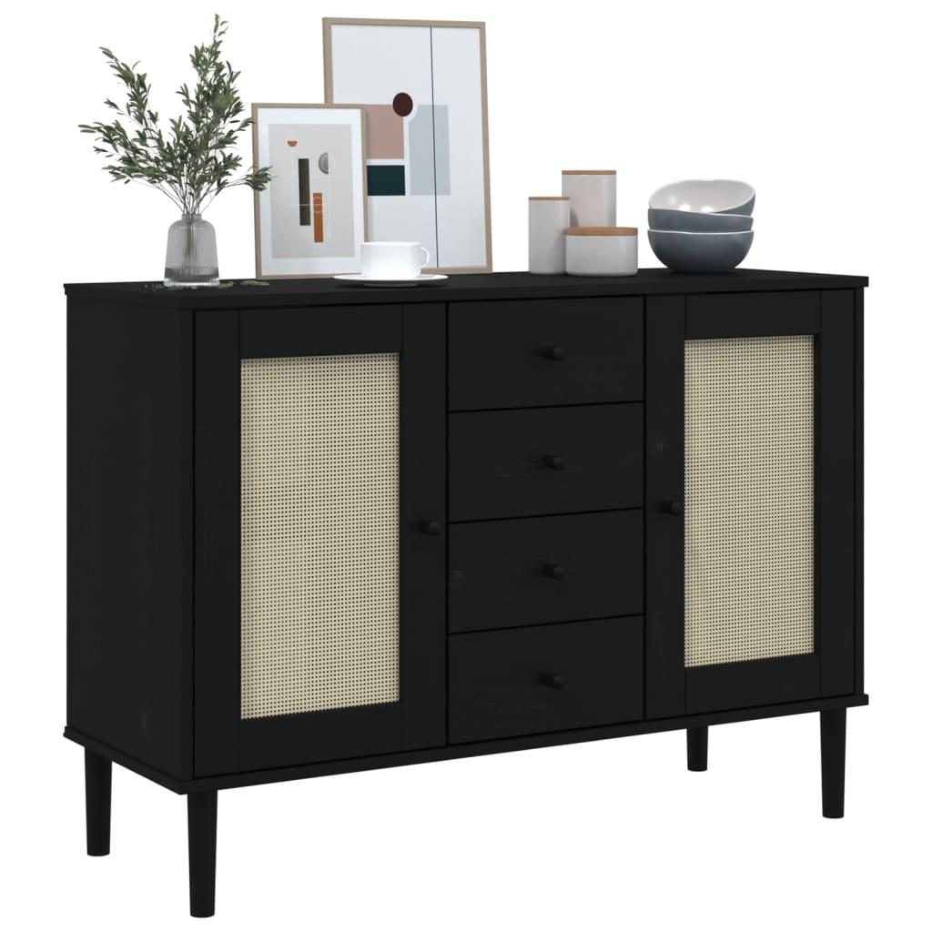 skænk SENJA 112x40x80 cm rattan-look massivt fyrretræ sort
