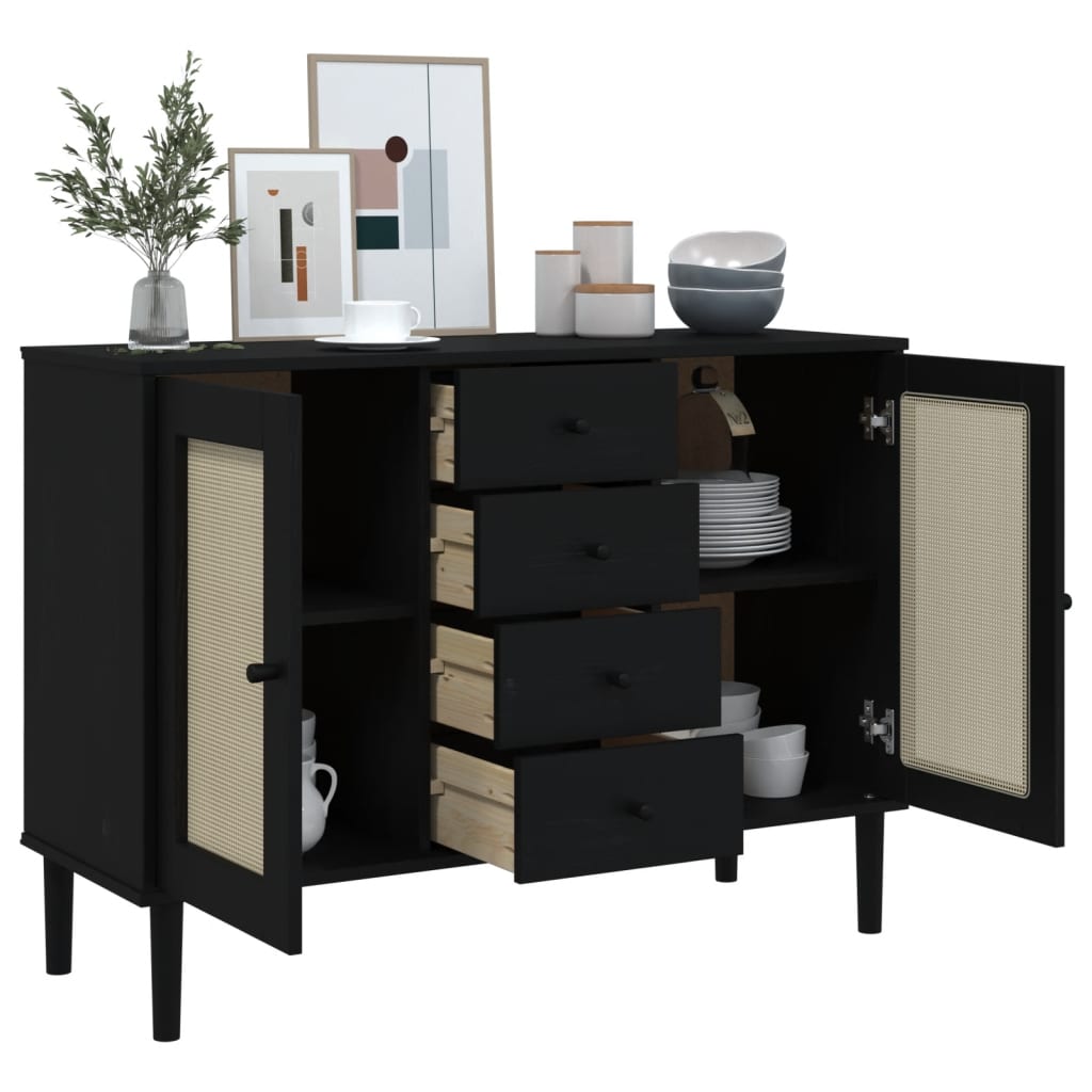 skænk SENJA 112x40x80 cm rattan-look massivt fyrretræ sort