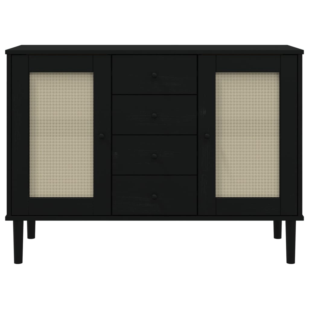 skænk SENJA 112x40x80 cm rattan-look massivt fyrretræ sort