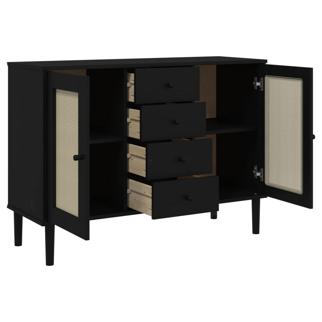 skænk SENJA 112x40x80 cm rattan-look massivt fyrretræ sort