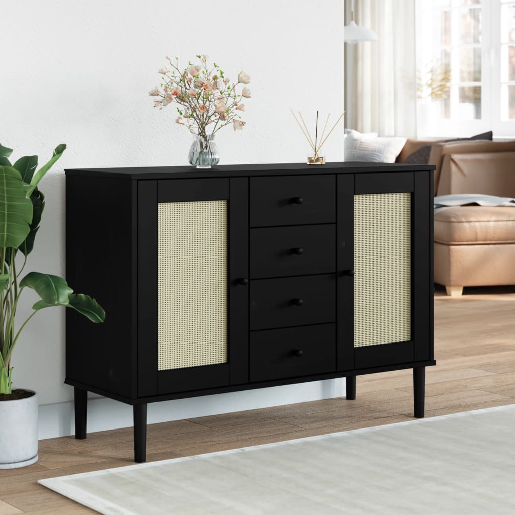 skænk SENJA 112x40x80 cm rattan-look massivt fyrretræ sort