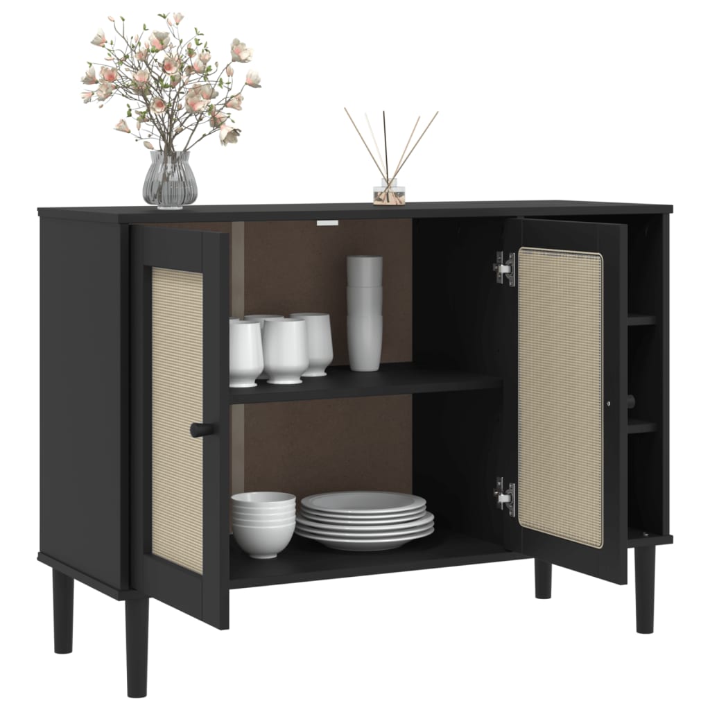 skænk SENJA 112x40x80 cm rattan-look massivt fyrretræ sort