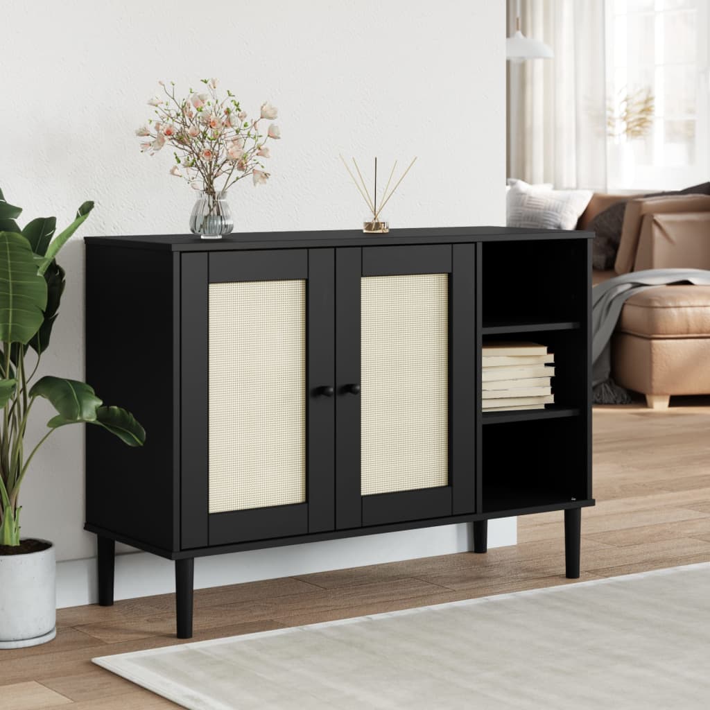 skænk SENJA 112x40x80 cm rattan-look massivt fyrretræ sort