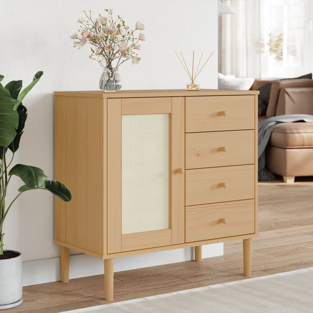 skænk SENJA 80x40x80 cm rattan-look massivt fyrretræ brun